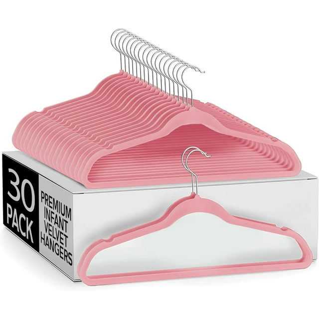 Sleek Pick Premium Baby Hanger, Velvet Hangers, 11”, 30 Pack, Non-Slip Baby Hangers, Space Saving, Infant Hanger, Ultra Slim, Closet Organization, Children Clothes Hanger, Closet Toddler Hangers-Pink