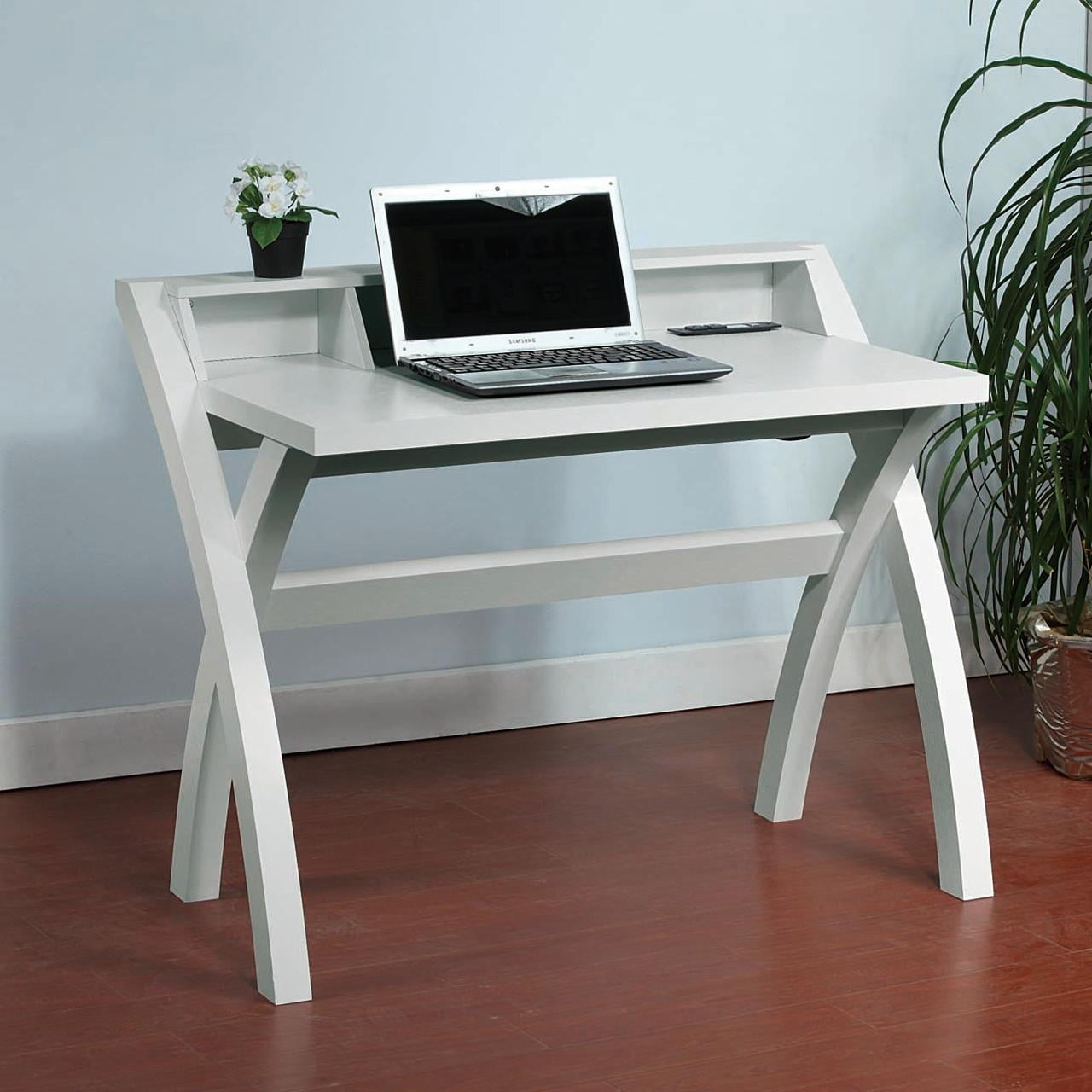 Sleek White Laptop Desk, Cross Legs Home Office Desk with USB Ports W/Outlet