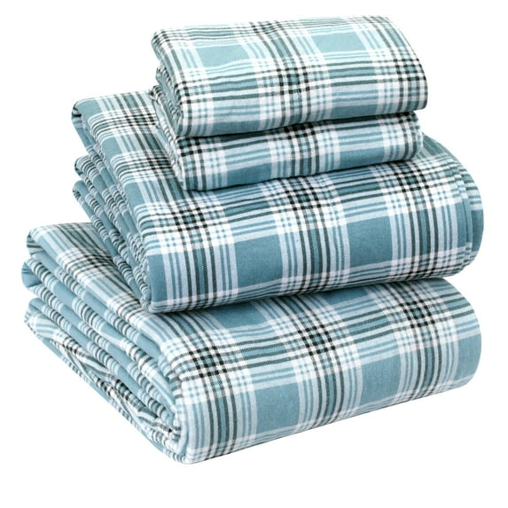 Sleepdown 100% Cotton Flannel Sheets Full Size Bed Sheets Set with Deep Pockets, Brushed Flannel with Elastic Fitted Sheet Set, Soft & Cozy Sheets - 4 Piece Bedding and Pillowcase set - Green Plaid