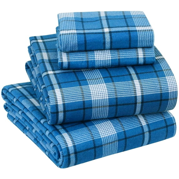 Sleepdown 100% Cotton Flannel Sheets Queen Size Bed Sheets Set with Deep Pockets, Brushed Flannel with Elastic Fitted Sheet Set, Soft & Cozy Sheets 4 Piece Bedding and Pillowcase set, Dark Blue Plaid