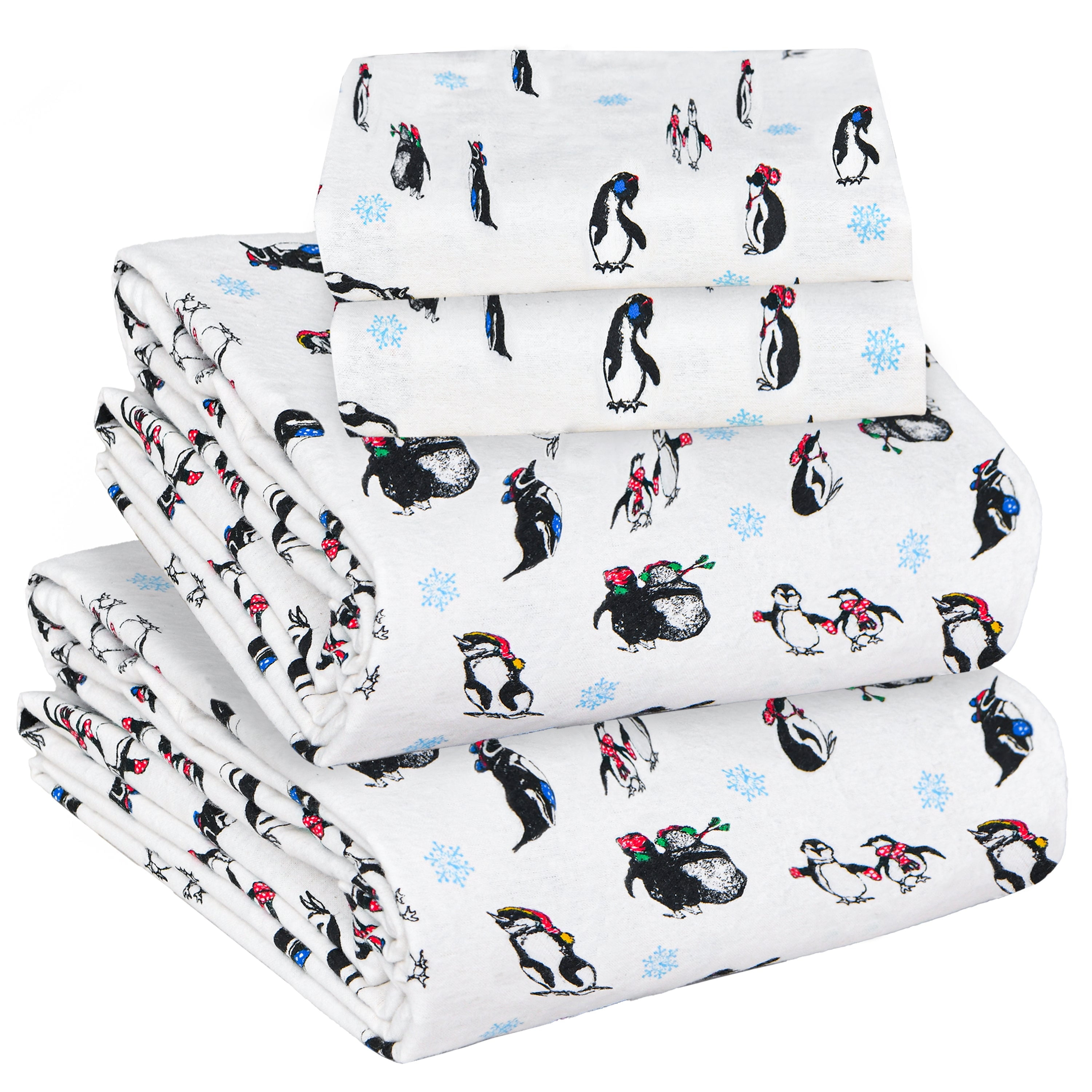 Sleepdown Twin Sheets - 100% Cotton Flannel Bed Sheets Set with Deep Pockets, Brushed Flannel with Elastic Fitted Sheet Set, Soft & Cozy Sheets - 3 Piece Bedding and Pillowcase set - Penguin
