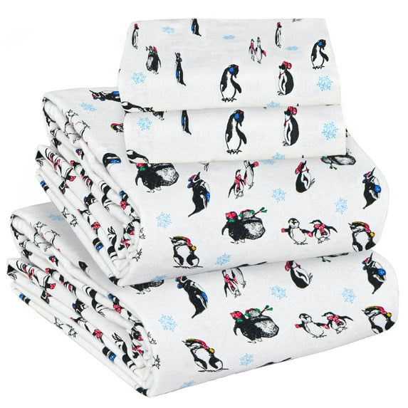 Sleepdown Twin Sheets - 100% Cotton Flannel Bed Sheets Set with Deep Pockets, Brushed Flannel with Elastic Fitted Sheet Set, Soft & Cozy Sheets - 3 Piece Bedding and Pillowcase set - Penguin