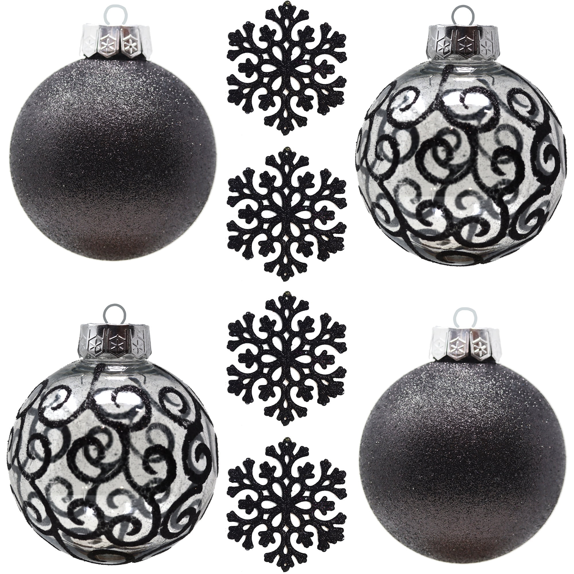 SLEETLY Big Black Ornaments for Farmhouse Christmas Tree Holiday Xmas Decorations for Christmas - Large Shatterproof Plastic 4.72 inch Glitter Snow Balls and Snowflakes, Ornament Set of 8