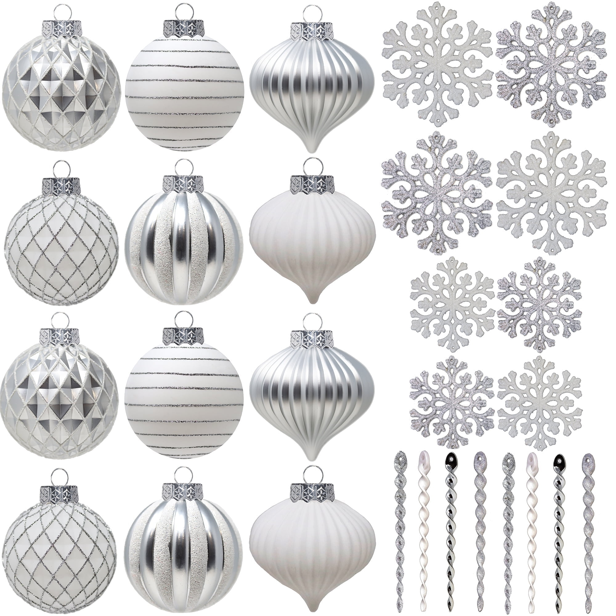 SLEETLY 28pk White Silver Christmas Ball Ornaments for Tree Decorations - Holiday Xmas Shatterproof Plastic Balls, Icicles and Snowflakes Ornament Set