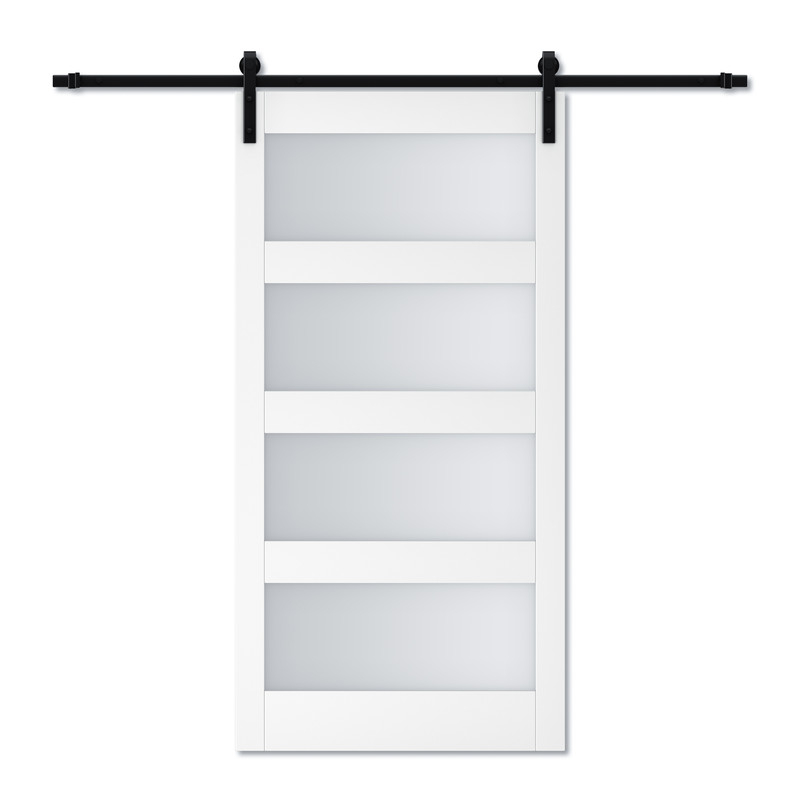 Sliding Barn Door, 4-Lite Tempered Frosted Glass, Solid Core MDF Wood & PVC Covered Finished, with Hardware Kit & Handle & Floor Guide, White