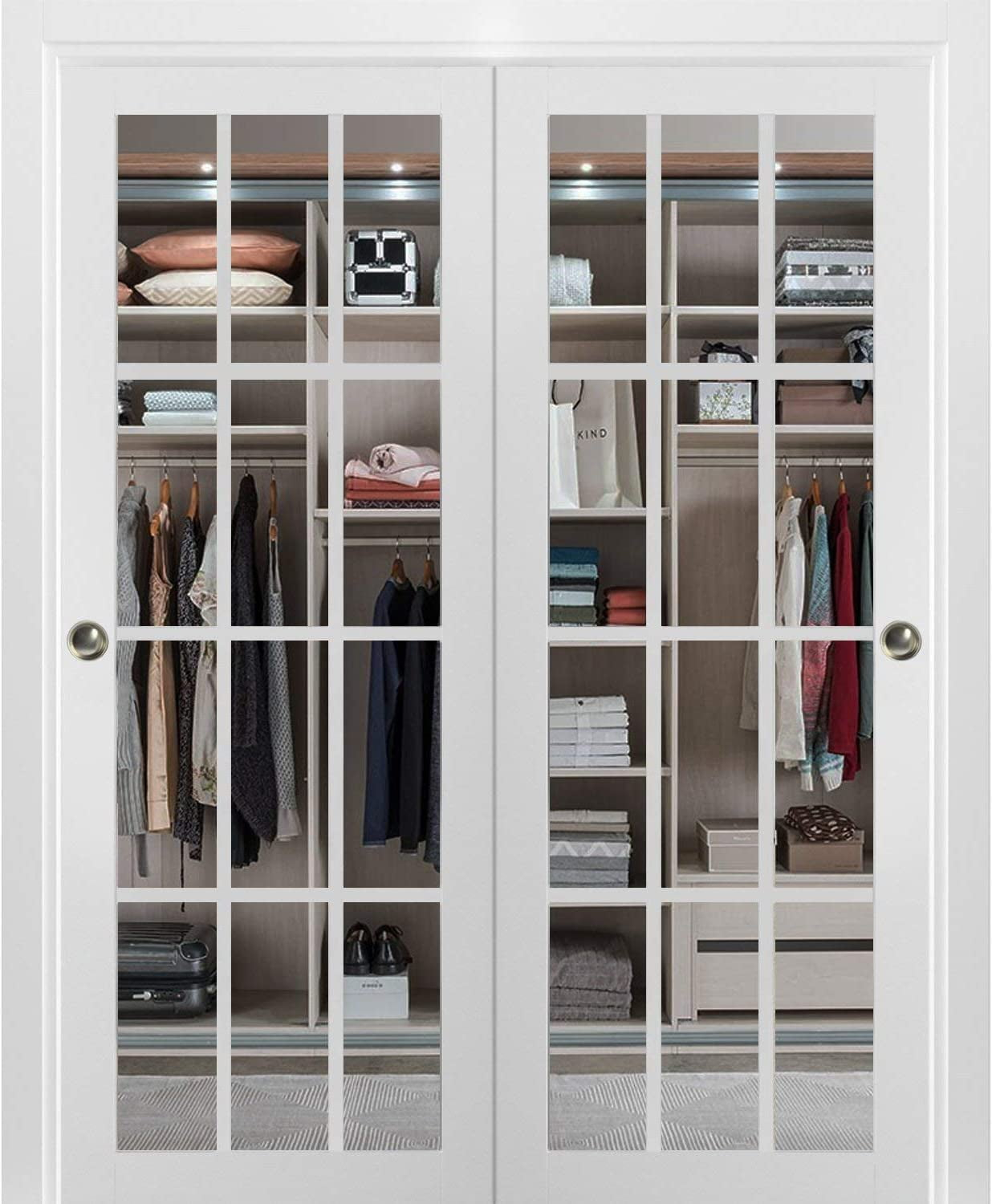 Sliding Closet 12 lites Bypass Doors | Felicia 3355 | Sturdy Rails Moldings Trims Hardware Set | Wood Solid Bedroom Wardrobe Doors