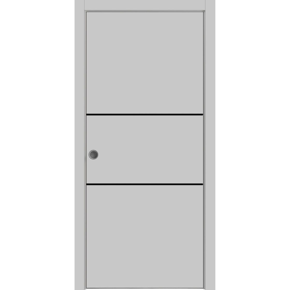 Sliding French Pocket Door 36 x 80 inches with | Planum 0014 Grey Ash with Frosted Glass | Kit Trims Rail Hardware | Solid Wood Interior Bedroom Sturdy Doors