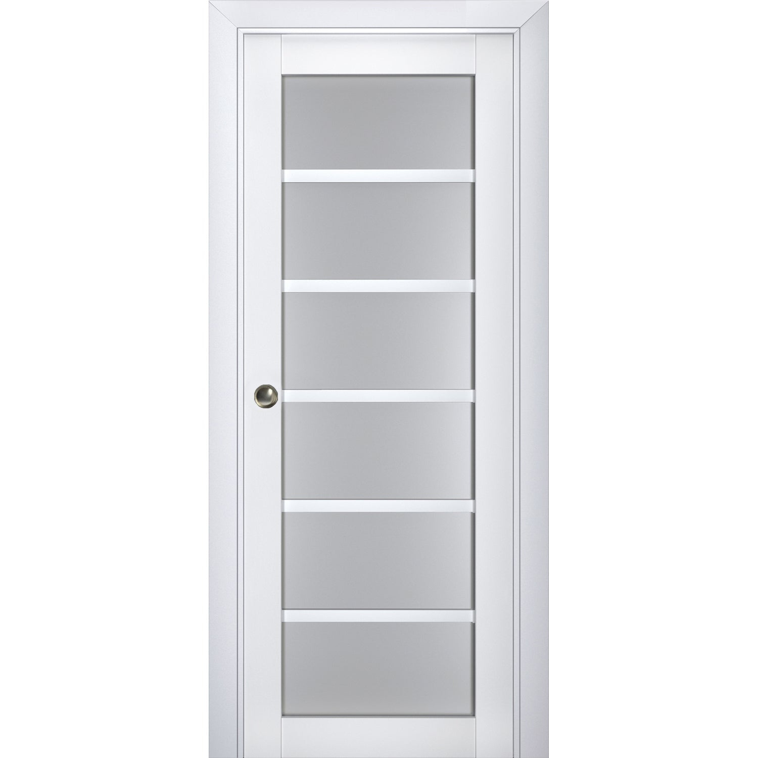 Sliding French Pocket Door with Frosted Glass | Veregio 7602 White Silk | Kit Trims Rail Hardware | Solid Wood Interior Bedroom Sturdy Doors-36" x 96"