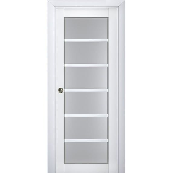 Sliding French Pocket Door with Frosted Glass | Veregio 7602 White Silk | Kit Trims Rail Hardware | Solid Wood Interior Bedroom Sturdy Doors-36" x 96"