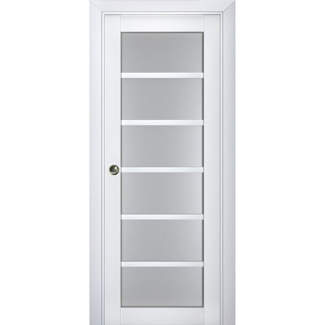 Sliding French Pocket Door with Frosted Glass | Veregio 7602 White Silk | Kit Trims Rail Hardware | Solid Wood Interior Bedroom Sturdy Doors-36" x 96"