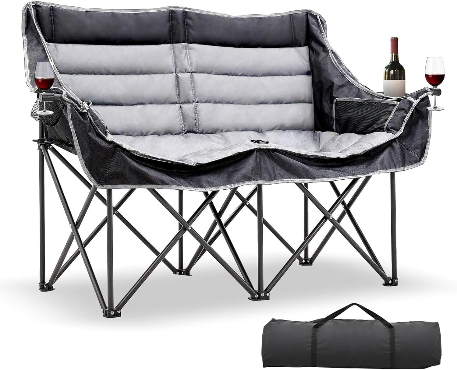 Slsy XXXL Double Camping Chair, Oversized Loveseat Camping Couch, Fully Padded Heavy Duty Outdoor Folding Chair w/ 2 Cup & Wine Glass Holder Support 900 lbs