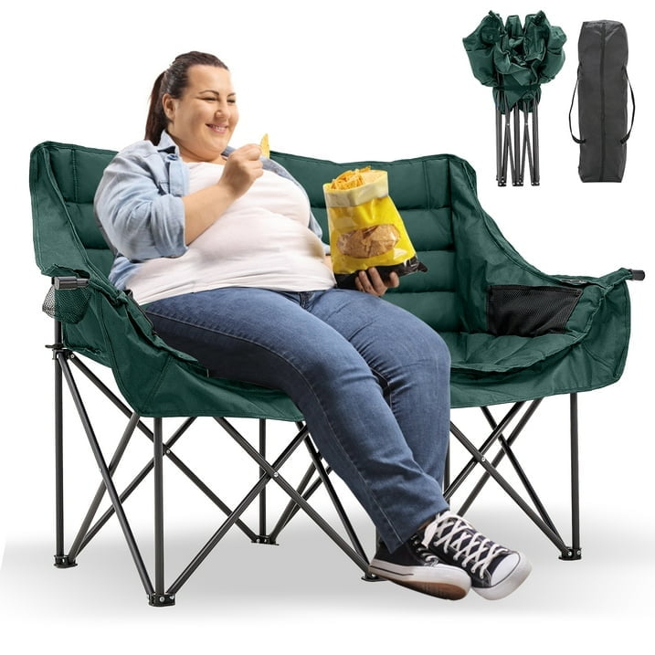 Slsy XXXL Double Camping Chair, Oversized Loveseat Camping Couch, Fully Padded Heavy Duty Outdoor Folding Chair w/ 2 Cup & Wine Glass Holder Support 900 lbs