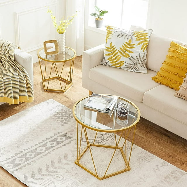 Small Coffee Table Set of 2, Round Coffee End Table with Metal Frame, Glass Top, Gold Side Table for Living Room, Bedroom and Balcony, Modern Style, Gold GD79BZ01