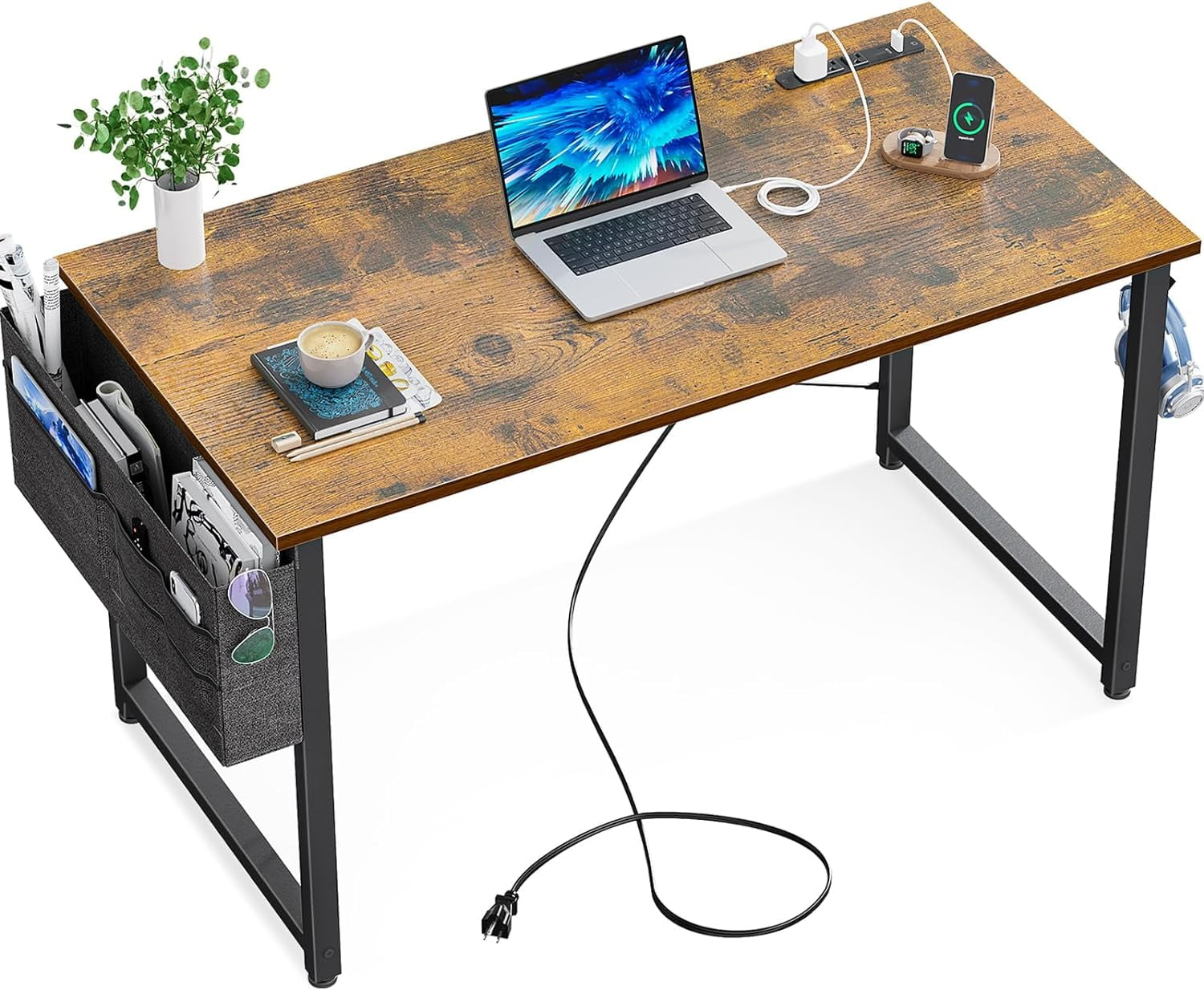 KKL Small Desk with Power Outlets and USB Port Computer Desk for Home Office Gaming Simple Modern Style Writing Desks with Storage Bag Headphone Hook, 40 inch, Rustic Brown
