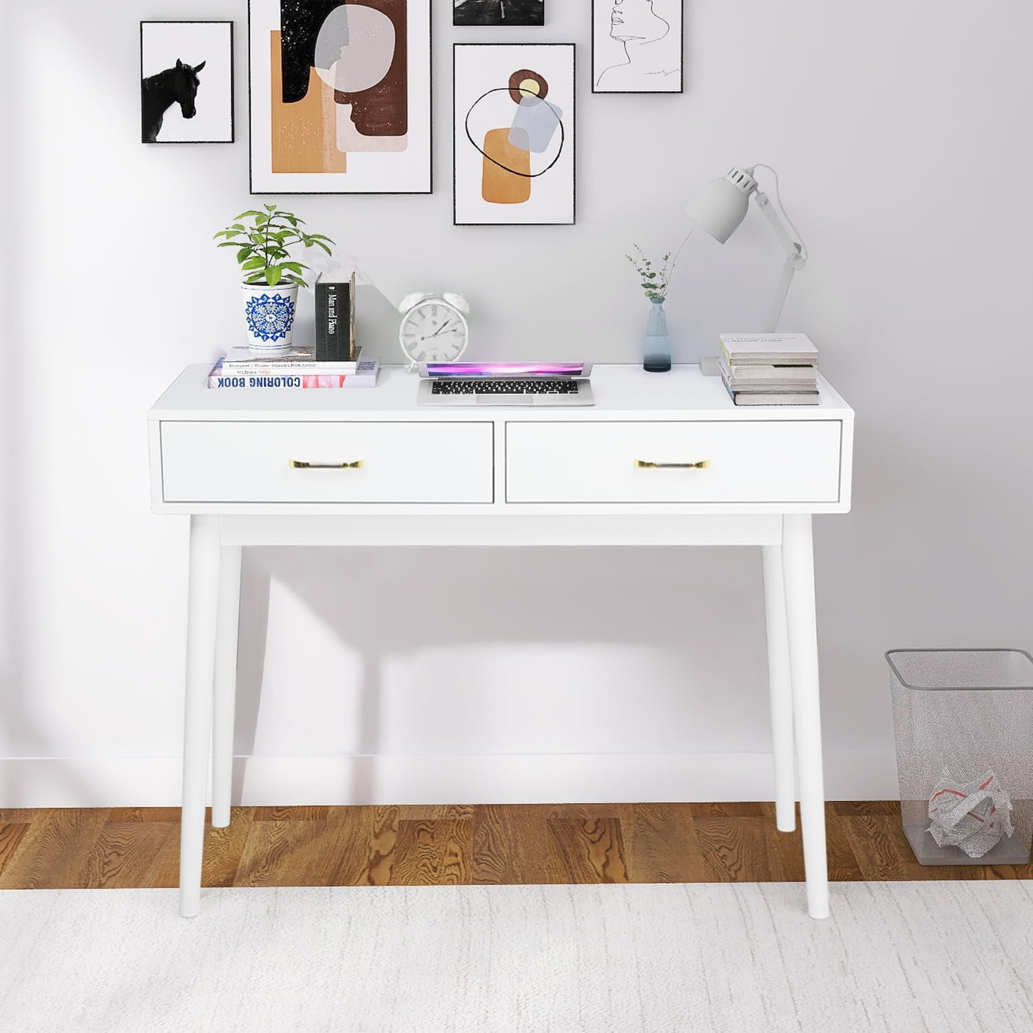 Small White Desk with 2 Drawers, Modern Writing Desk for Small Spaces, Home Office Desk for Study, Laptop Computer Desk for Work, Makeup Vanity Table for Bedroom (White)