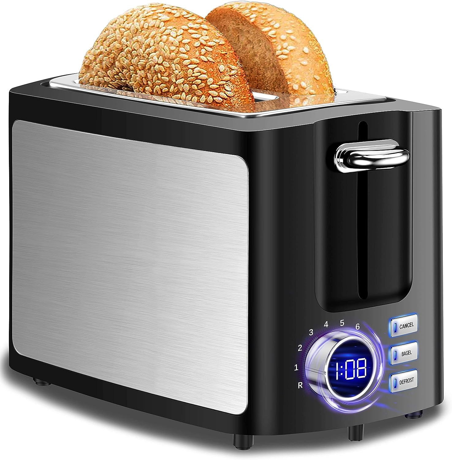 Smart Toaster 2 Slice Extra Wide Slot, Digital Countdown Timer, 9 Adjustable Browning Settings, Bagel Defrost Reheat Cancel Modes, Black LED Screen