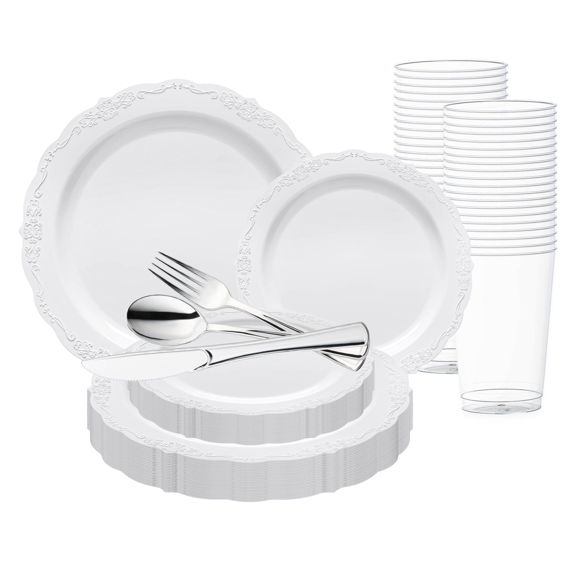 Smarty White Vintage Disposable Plastic Wedding Value Set (60 Guests)