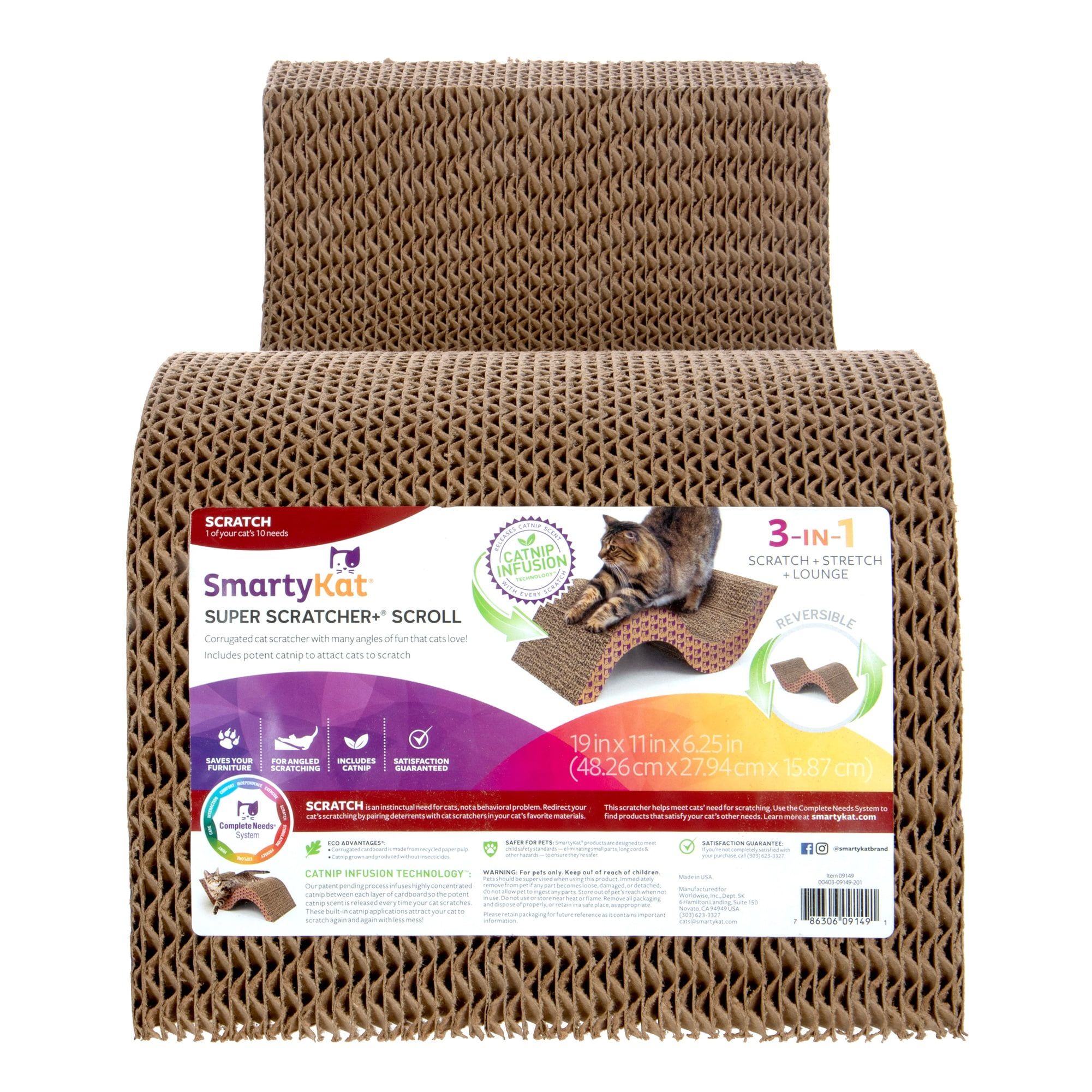 SmartyKat Super Scratcher & Scroll, Wide Corrugated Cat Scratcher for Indoor Cat & Kittens, Catnip Infusion Technology, Recycled Material, Brown
