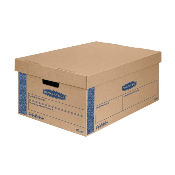Bankers Box SmoothMove Prime Large Moving Boxes, Lift Lid, 24l x 15w x 10h, Kraft/Blue, 8/CT: Cardboard Packing Supplies