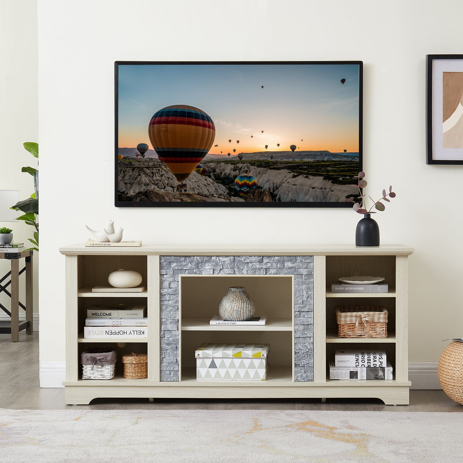 Winston Porter TV Media Stand With With Faux Stacked Stone Surround