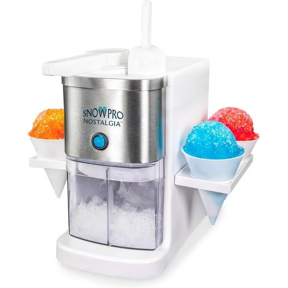 SnowPro Electric Shaved Ice and Snow Cone Maker with 64-Ounce Ice Shaving Capacity, 4 Reusable Cones, Side Shelves, and Scoop Included