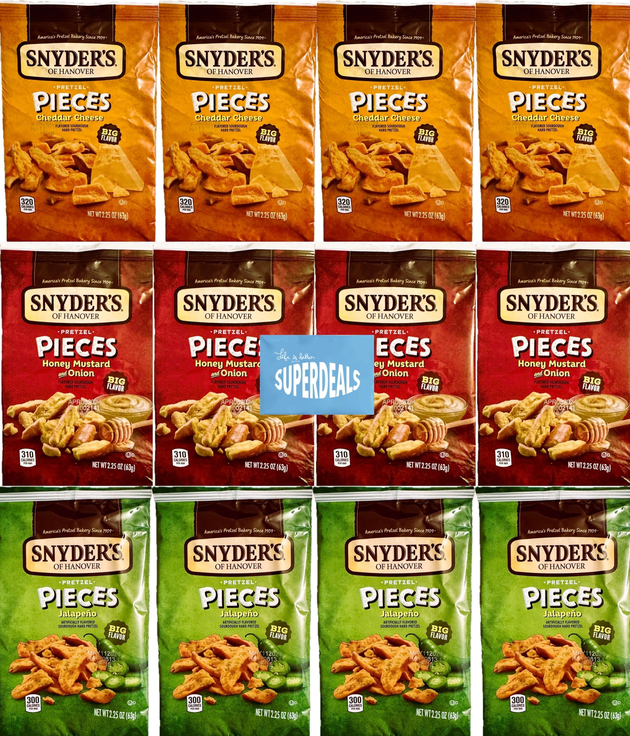 Snyder's of Hanover Pretzel Pieces, Variety 12 Pack bundled by SUPERDEALS 4 Cheddar Cheese, 4 Honey Mustard and Onion, 4 Jalapeno Pretzels, 2.25 oz each bag, total 27 Ounces with mystery gift