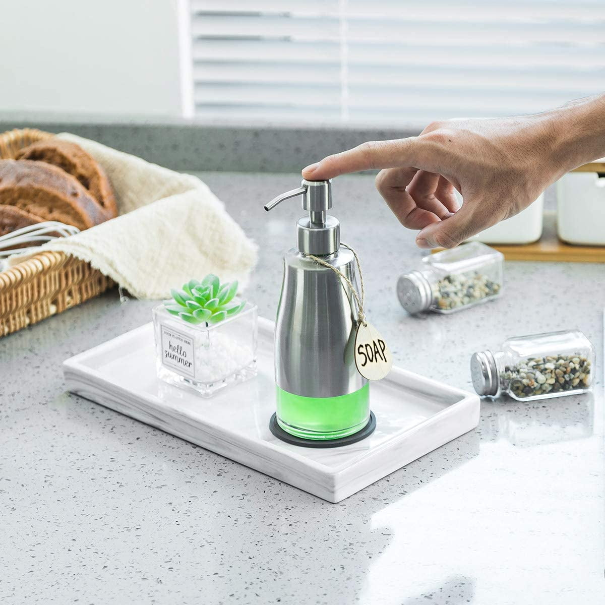 Soap Dispenser with Coaster and Stickers, Brushed Nickel Stainless Steel Case Glass Liner Hand Pump Dispenser, Refillable Liquid Hand Soap Dispenser for Bathroom & Kitchen (11OZ / 320ML)