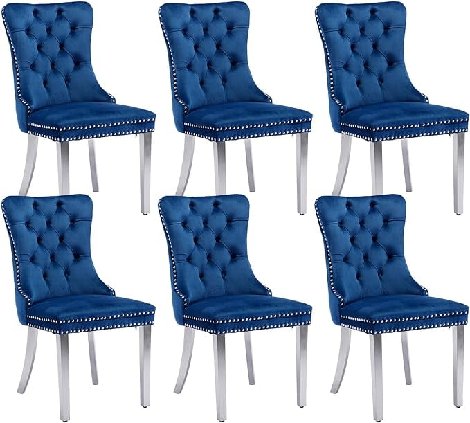 Tzicr Tufted Dining Chairs Set of 6, Upholstered Dining Chairs with Nailhead Back, Nailhead Trim, Velvet Dining Chairs for Kitchen/Bedroom/Dining Room(Blue)