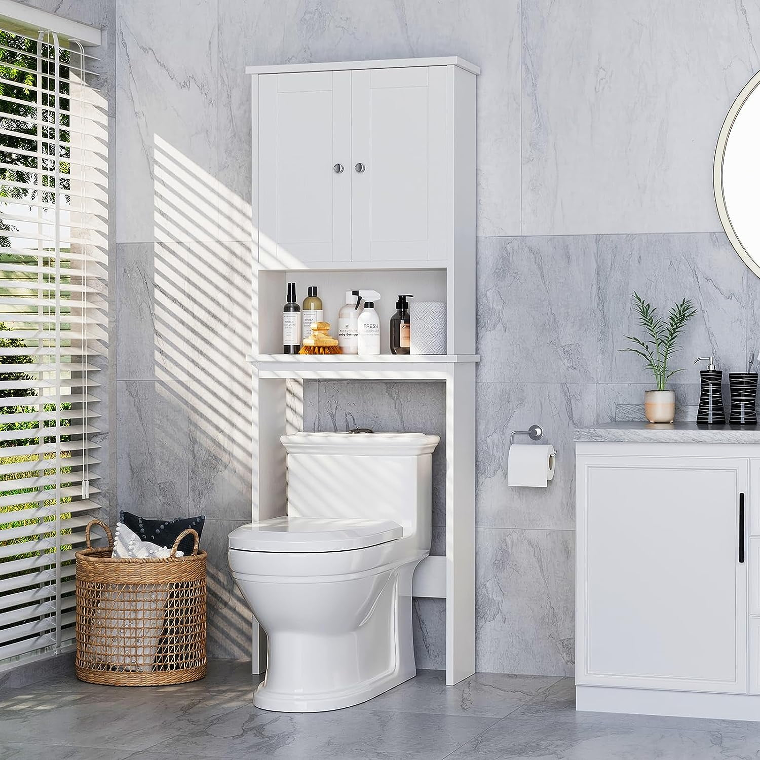 Sobaniilo Over The Toilet Storage Cabinet, Bathroom Storage Organizer Over Toilet, Space Saver W/Adjustable Shelf & Open Storage Shelf, White