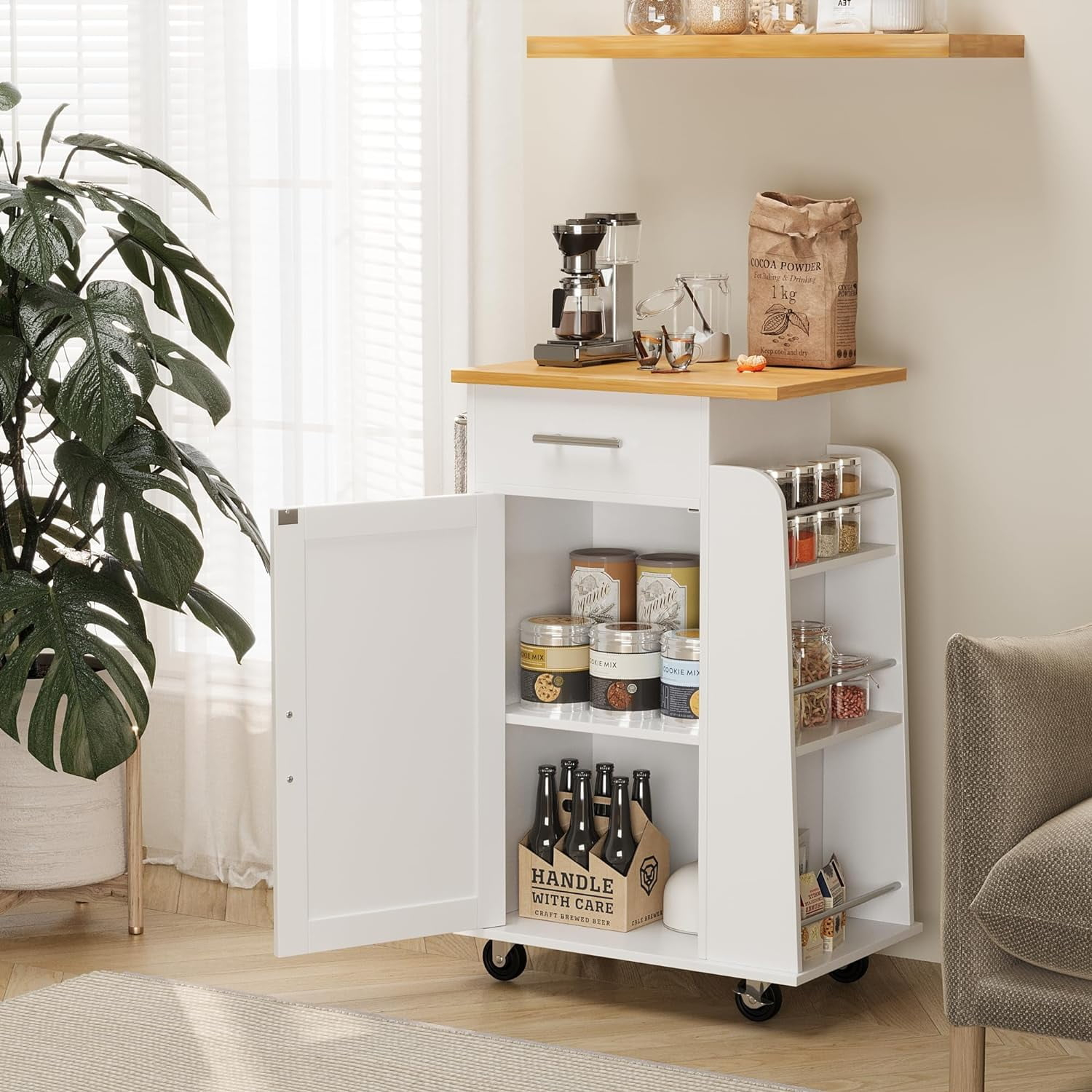 Sobaniilo Small Kitchen Island on Wheels with 3-Tier Side Spice Rack and Rubber Wood Top, Trolley Cart with Storage Cabinet & Drawer and Handle/Towel Rack, White