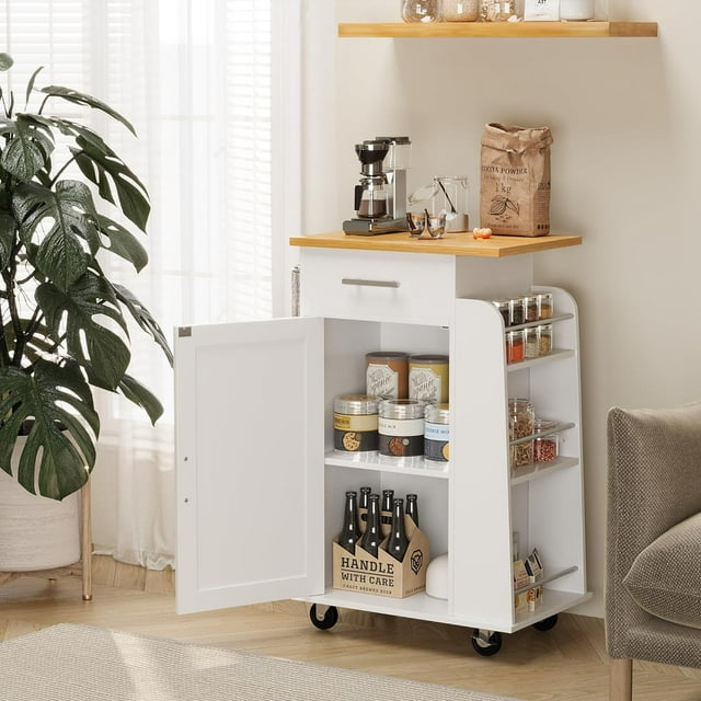 Sobaniilo Small Kitchen Island on Wheels with 3-Tier Side Spice Rack and Rubber Wood Top, Trolley Cart with Storage Cabinet & Drawer and Handle/Towel Rack, White