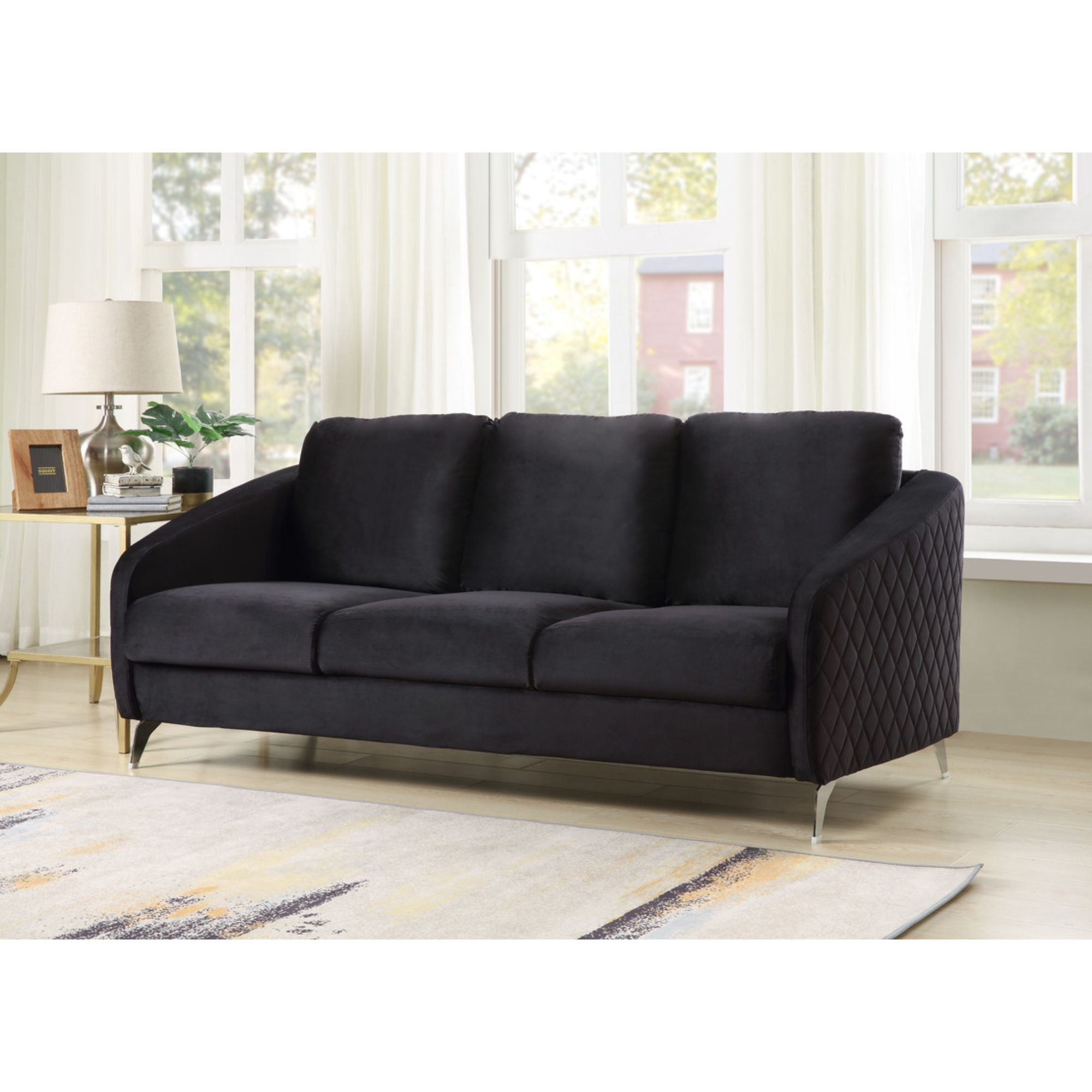 Sofia Black Velvet Elegant Modern Chic Sofa Couch with Chrome Metal Legs