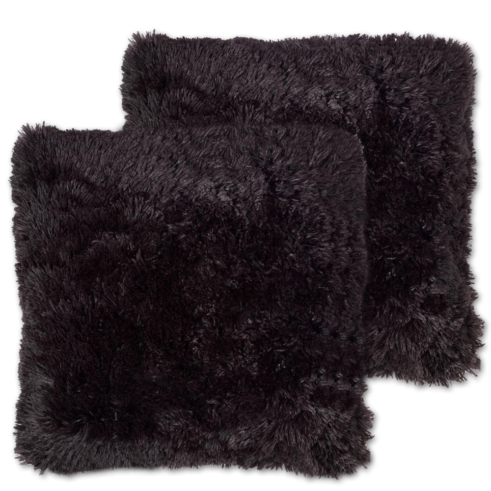 Very Soft & Comfy Plush Long Faux Fur 18" x 18" Throw Pillows 2 Pack, Black
