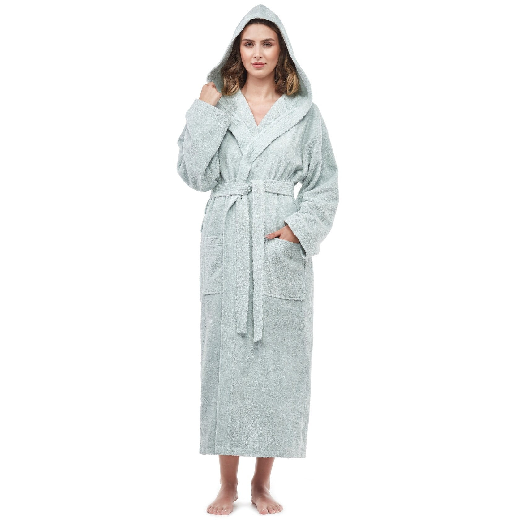 Soft Turkish Terry Cotton Women's Hooded Bathrobe Seafoam - L