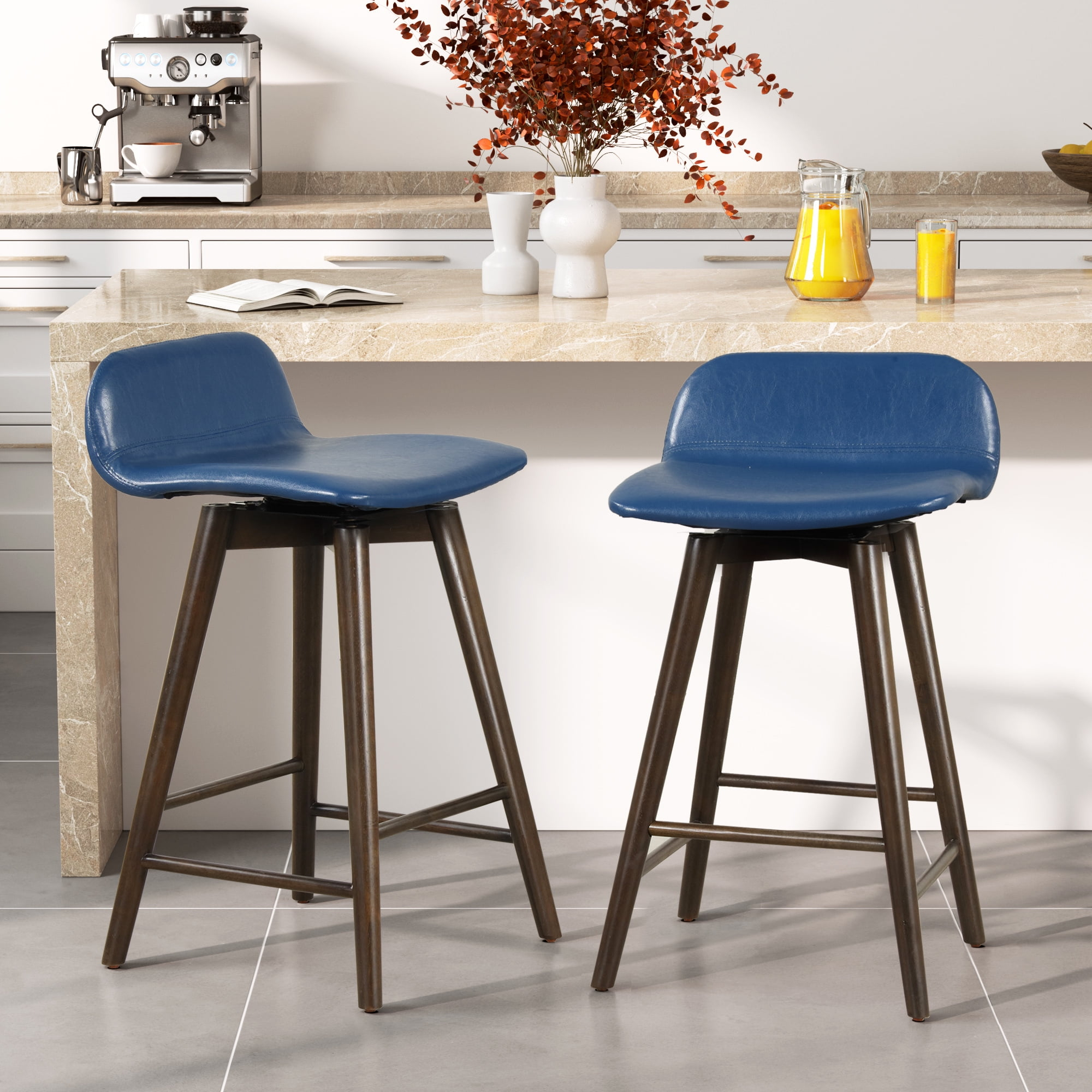 Soges Swivel Bar Stool 2 Pieces Bar Stool PU Leather, Wood Counter Height Bar Chair, Blue