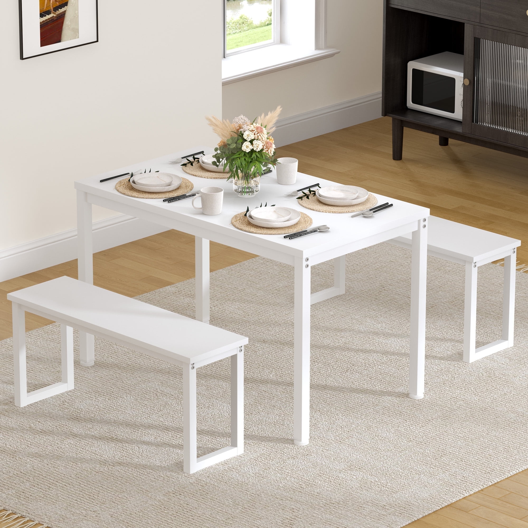 SogesPower Modern Dining Table Set with 2 Benches, 3 Piece Dining Table Set- White