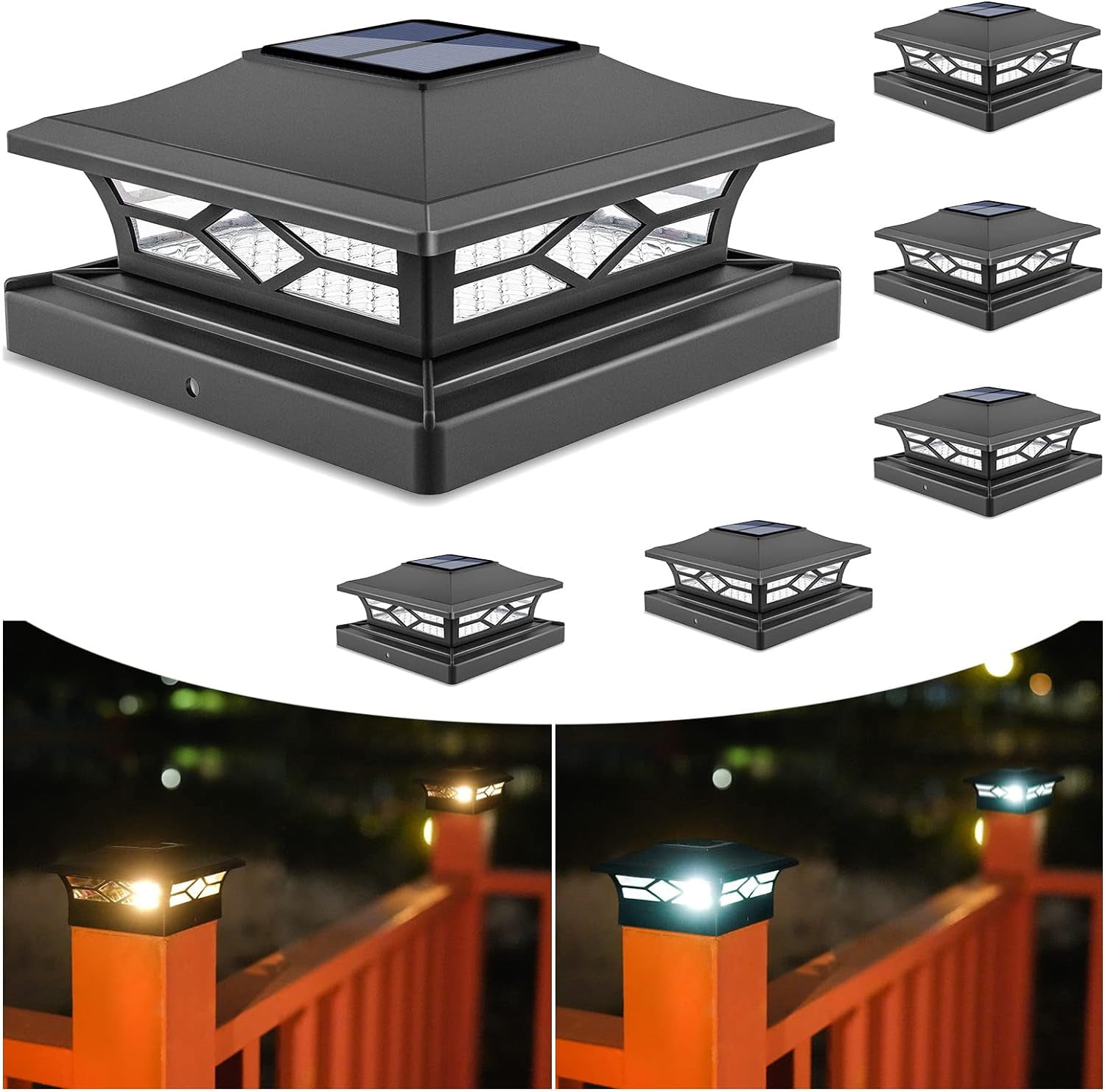 Solar Post Cap Lights: 6 - Pack Outdoor Post Light for White/Black 4x4 Vinyl Fence Deck - Dock 4x4/6x6 Wooden Post 2 Color Modes Waterproof Warm White