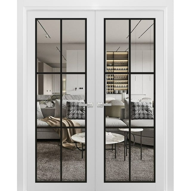 SARTODOORS Stain Resistant Solid French Double Doors With Clear Glass and Frames, Solid Pine Wood White Silk, 60" x 96", 110 lbs