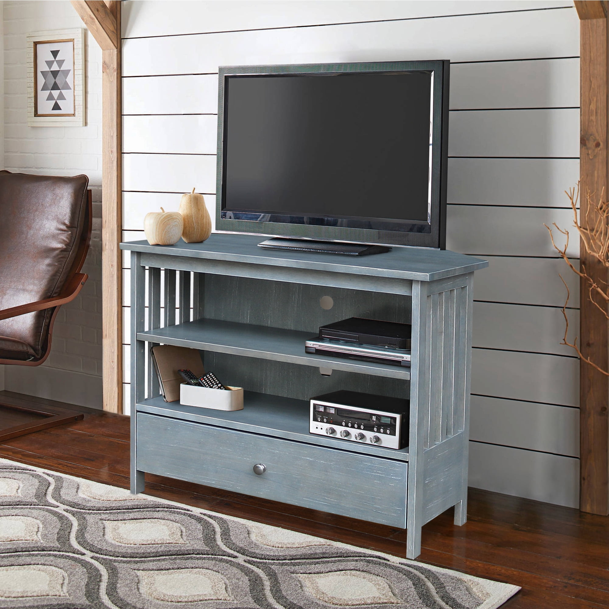 Solid Wood TV Stand with Shelves and Drawer in Heather Gray - 28.9"  Height