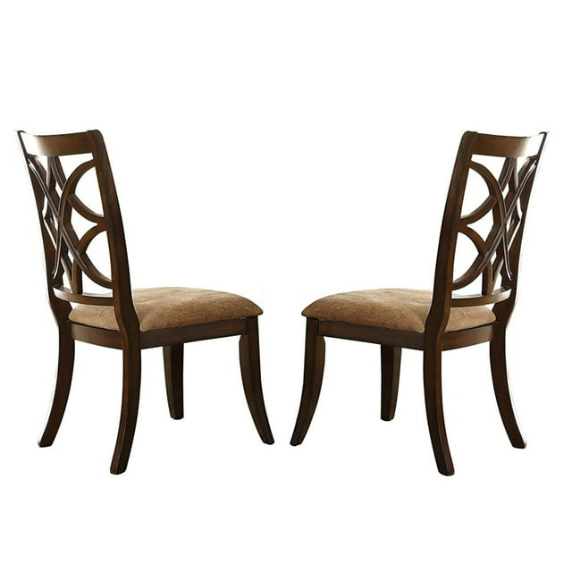 Solid Wooden Side Chair With Beige Fabric Seat, Cherry Brown and Beige (Set Of 2)- Saltoro Sherpi