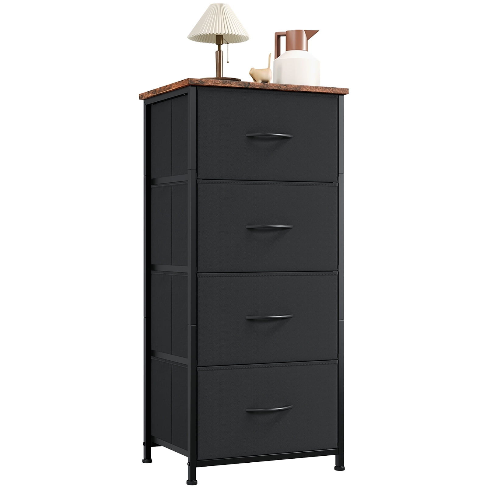 Somdot 4 Drawer Dresser, Chest of Drawers Fabric Vertical Nightstand for Bedroom, Black Rustic Brown