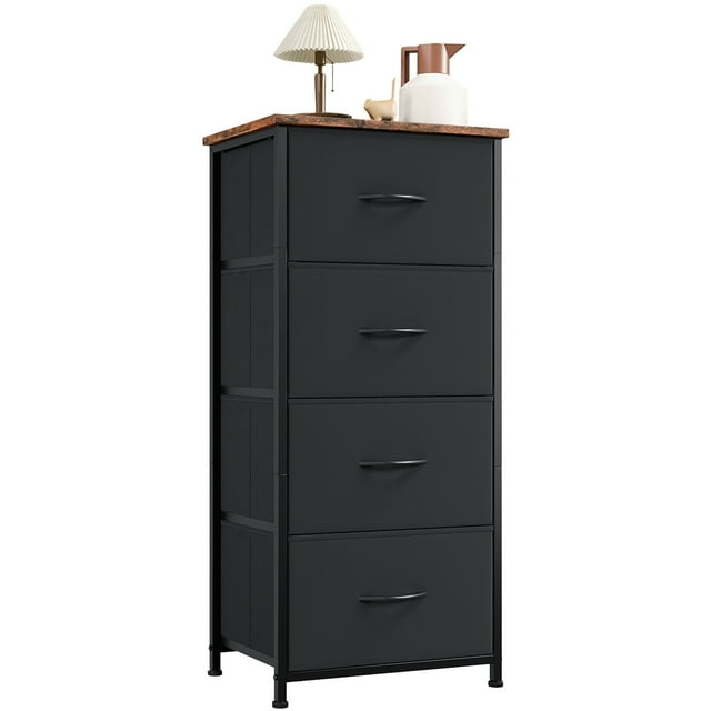 Somdot 4 Drawer Dresser, Chest of Drawers Fabric Vertical Nightstand for Bedroom, Black Rustic Brown