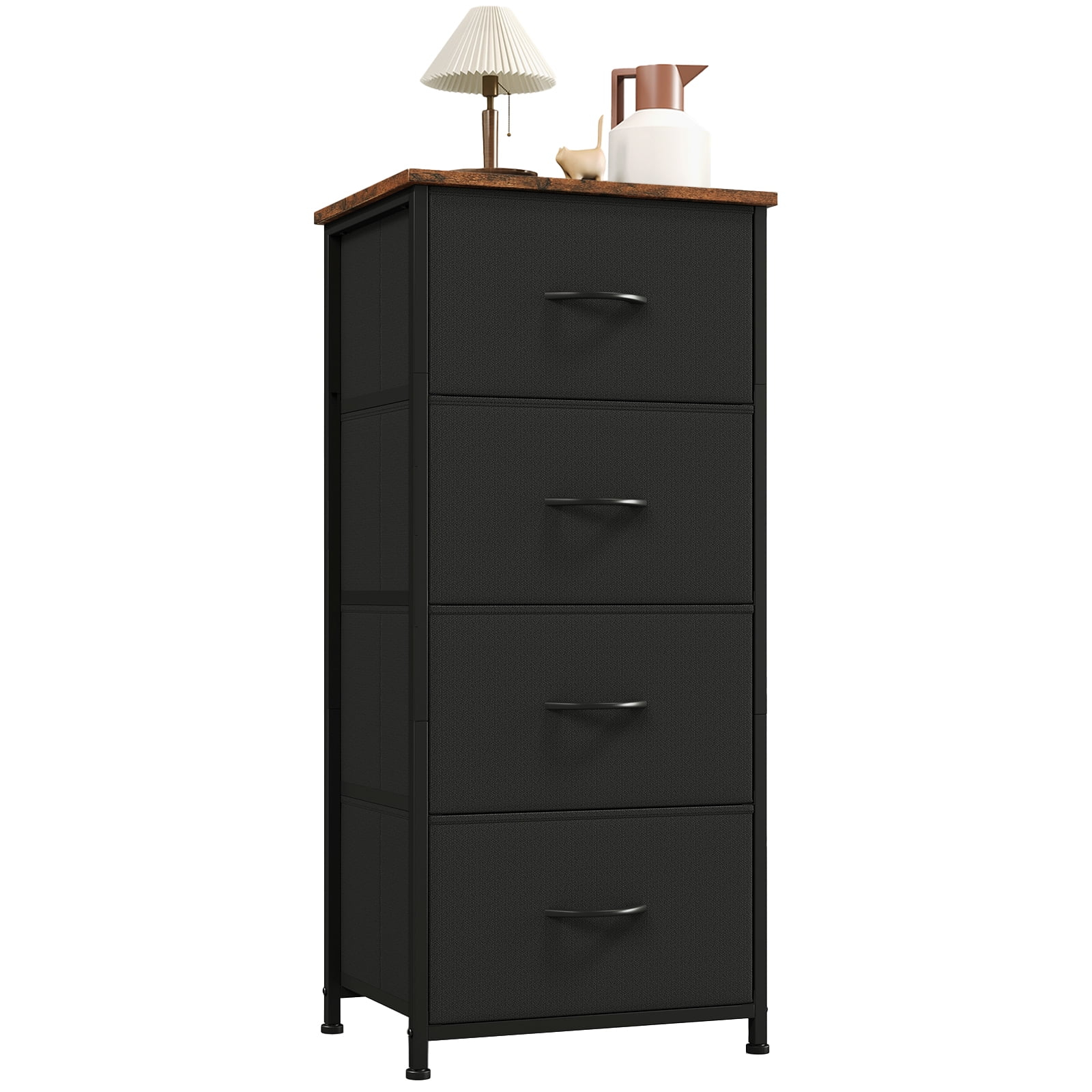 Somdot 4 Drawer Dresser, Chest of Drawers Fabric Vertical Nightstand for Bedroom, Black Rustic Brown