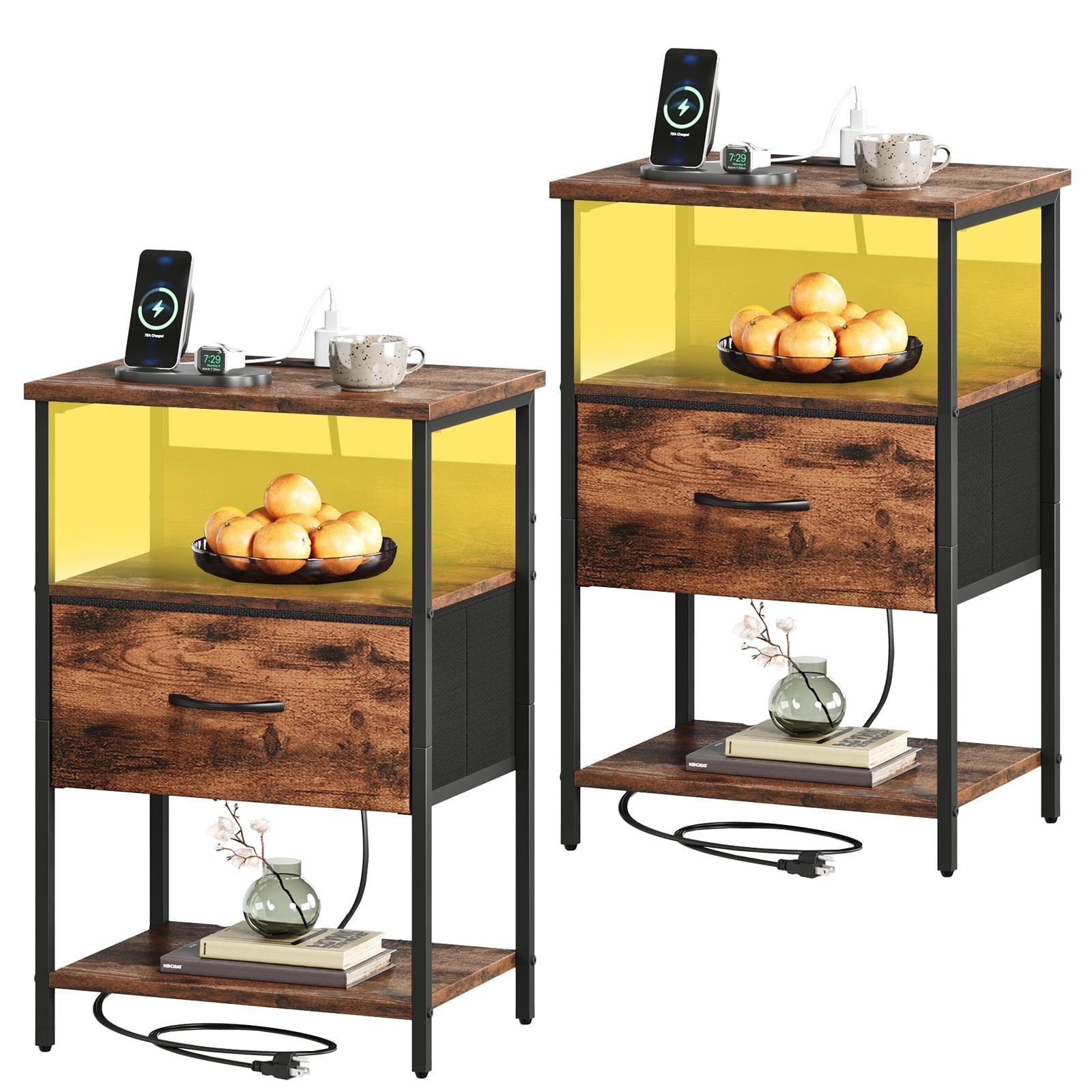 Somdot Bedside Table Set of 2 with Charging Station, LED and Storage Shelfs for Bedroom Living Room, Wood Grain Print