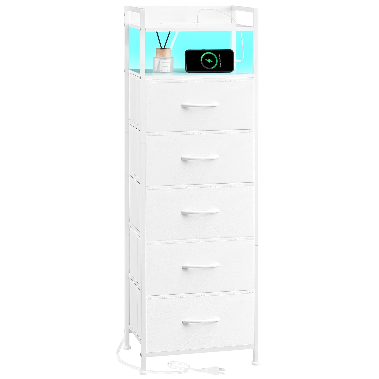 Eunos White Tall Nightstand with Charging Station, 5 Fabric Drawer Dresser for Bedroom with LED and Handle