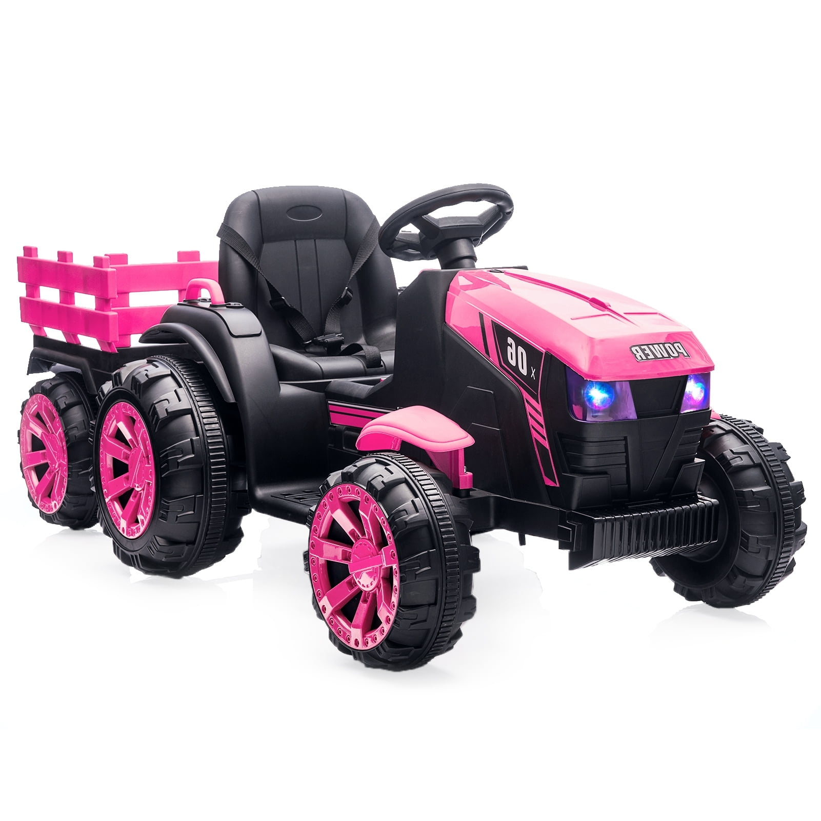 KTENME 2024 New Kids Ride on Tractor with Trailer and Remote Control, 12V Battery Powered Electric Vehicle Car Toys with 6 Wheels, 35W Dual Motors, Led Lights, Music, Gift for Boys Girls
