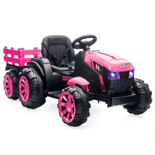KTENME 2024 New Kids Ride on Tractor with Trailer and Remote Control, 12V Battery Powered Electric Vehicle Car Toys with 6 Wheels, 35W Dual Motors, Led Lights, Music, Gift for Boys Girls