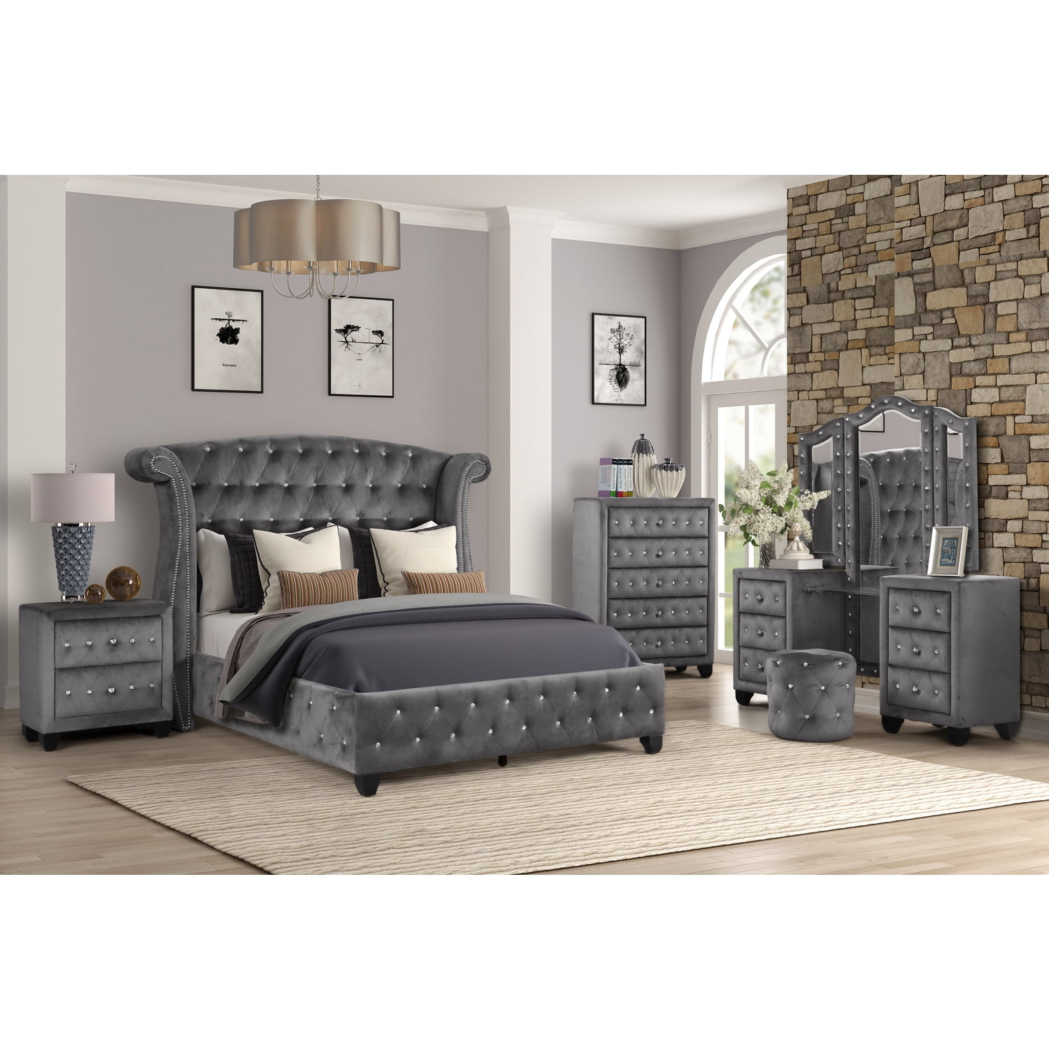 Sophia Full 5 Pc Vanity Upholstery Bedroom Set Made With Wood in Gray