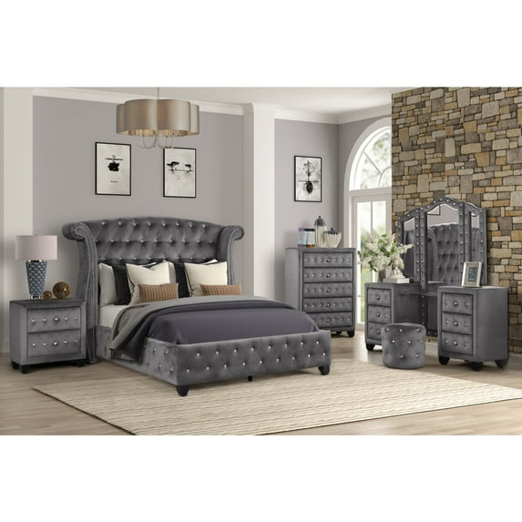 Sophia Full 5 Pc Vanity Upholstery Bedroom Set Made With Wood in Gray