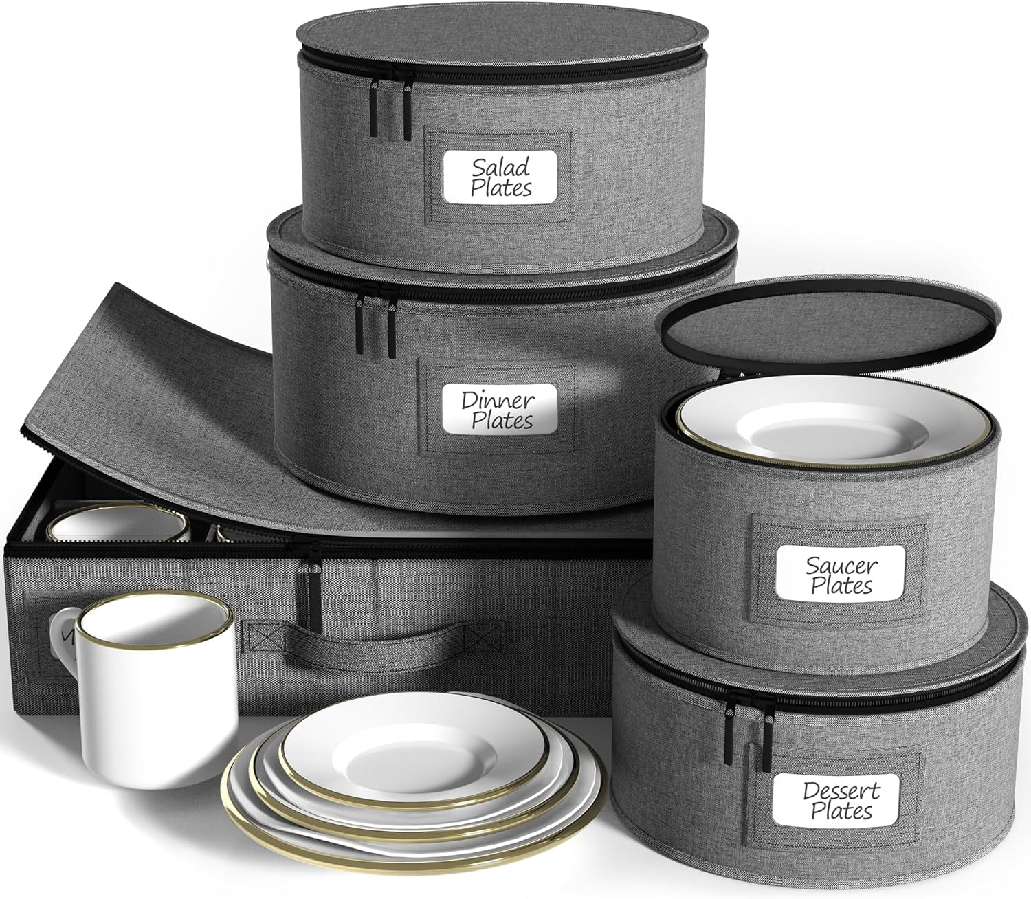 Sorbus Sturdy China Dinnerware Storage Set - Hard Shell Holder for Round Plates & Cups - 5 Piece Set, 12 Servings (Gray)